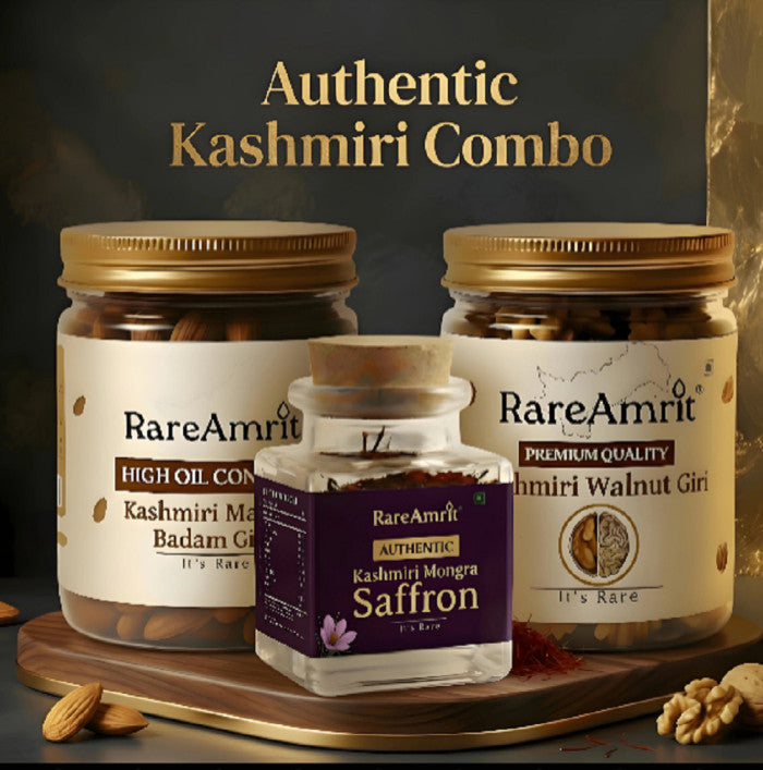 Close-up of high-oil Kashmiri Mamra almonds showing natural curved shape and rich brown skin