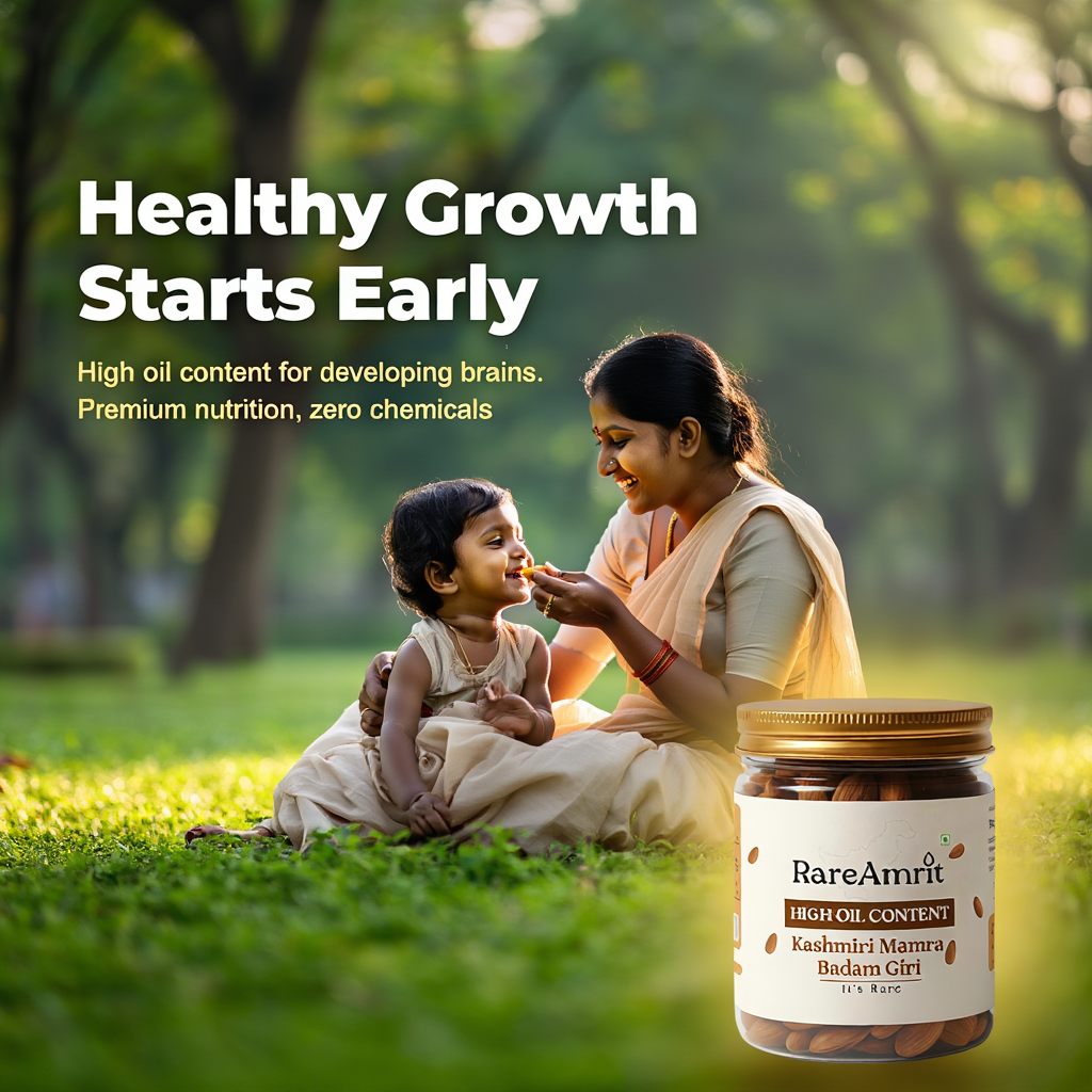 mother feeding soaked mamra almond paste to a child for brain development healthy growth and nutrition