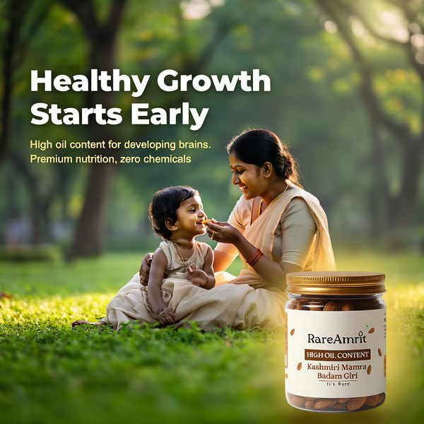 mother feeding soaked mamra almond paste to a child for brain development healthy growth and nutrition