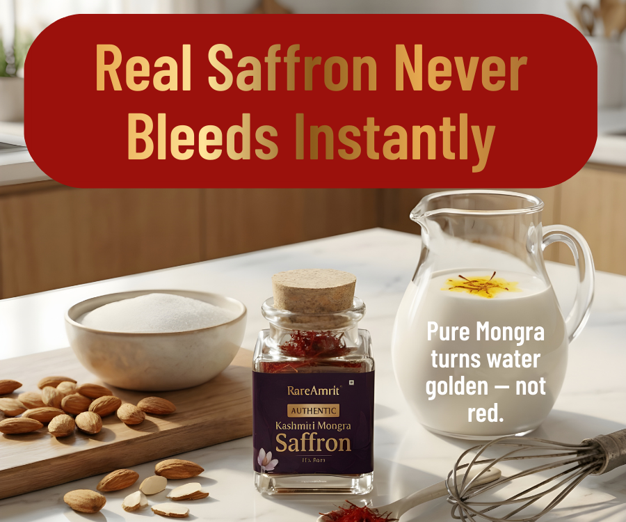 "Glass of Kesar milk with saffron strands and cardamom"