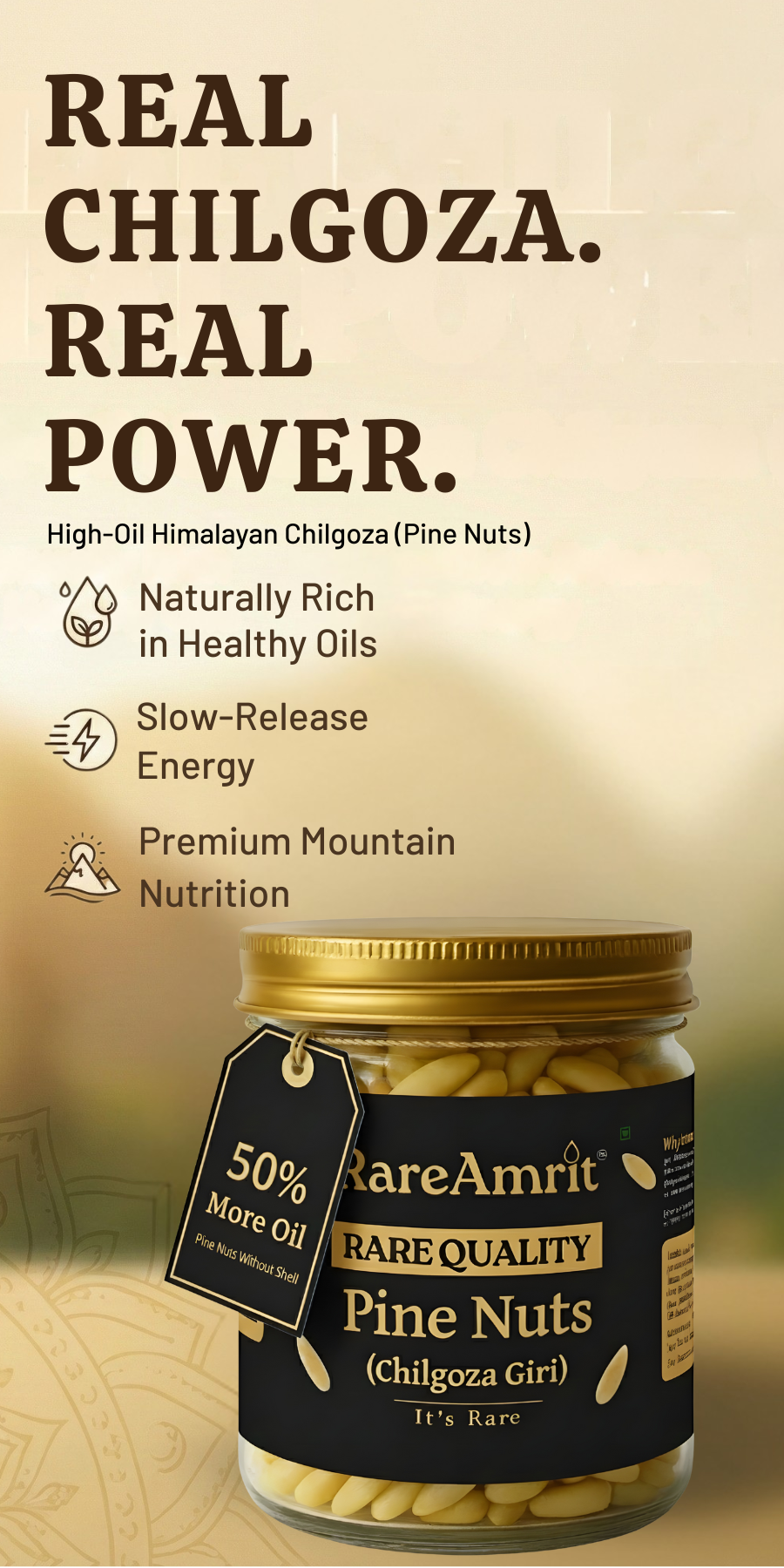 Kashmiri chilgoza vs Chinese pine nuts comparison image showing size and quality difference