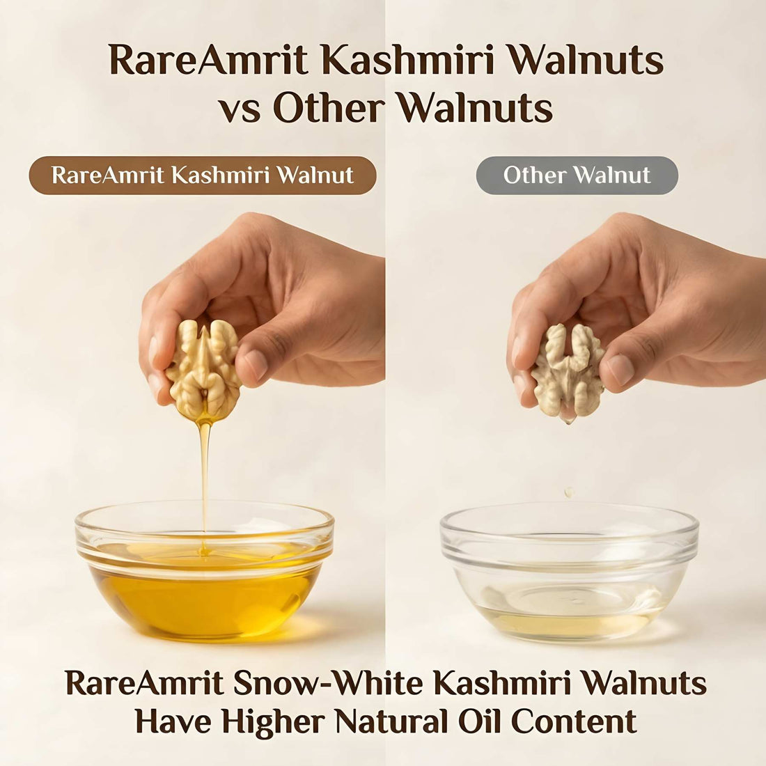Kashmiri walnut vs California walnut comparison showing size color texture and omega 3 difference