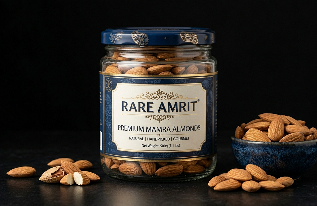 Organic Kashmiri Mamra Almonds showing rare boat-shape rich in natural oils for Mamra almond benefits.
