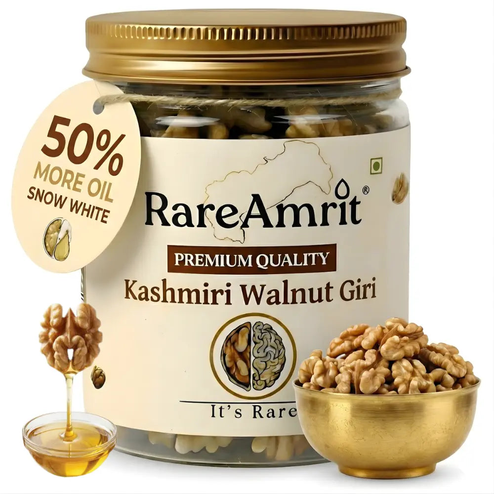 Close-up of premium Grade-A Kashmiri Walnut Kernels showing perfect whole halves with natural golden skin