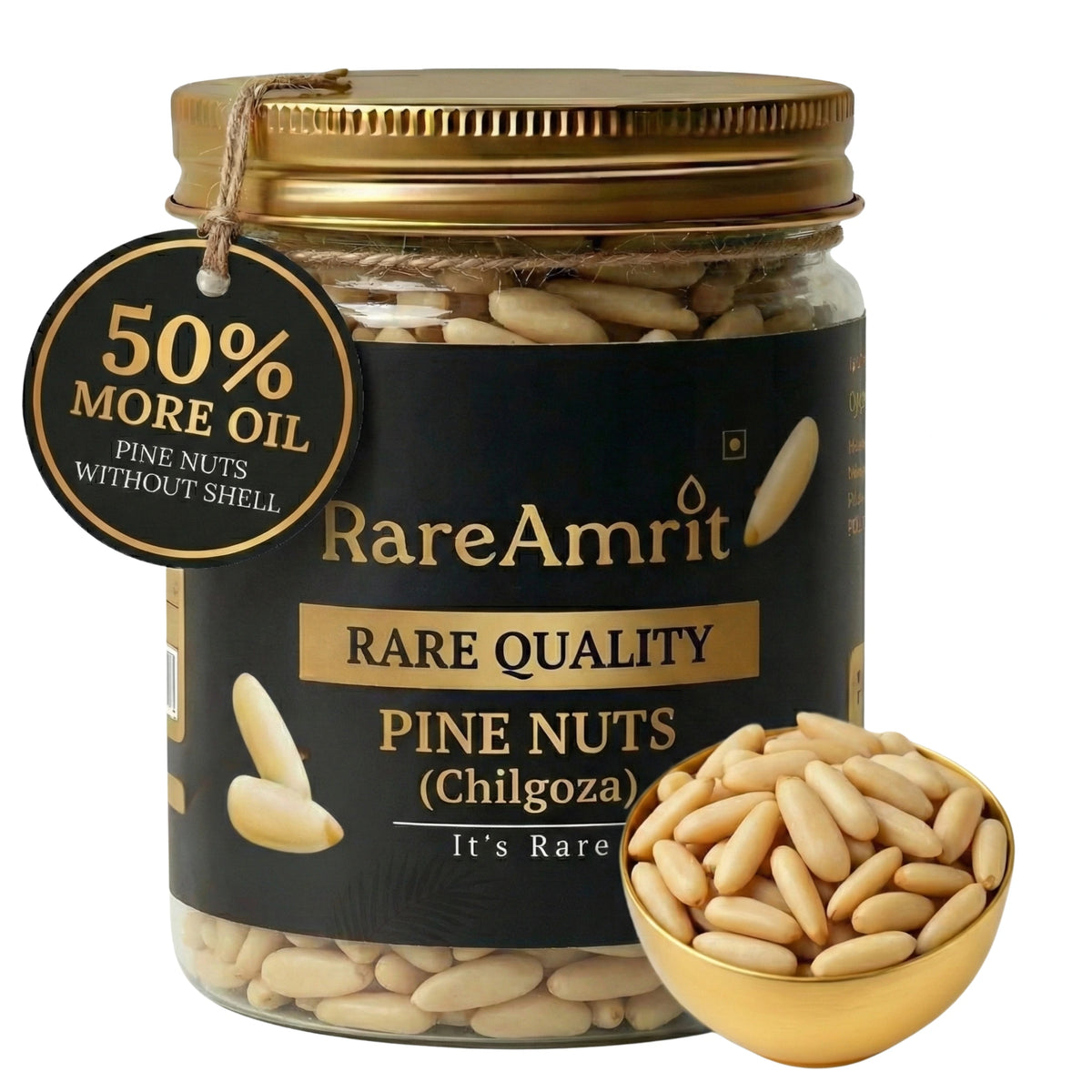RareAmrit premium Grade-A Kashmiri Pine Nuts jar filled with fresh organic Chilgoza kernels